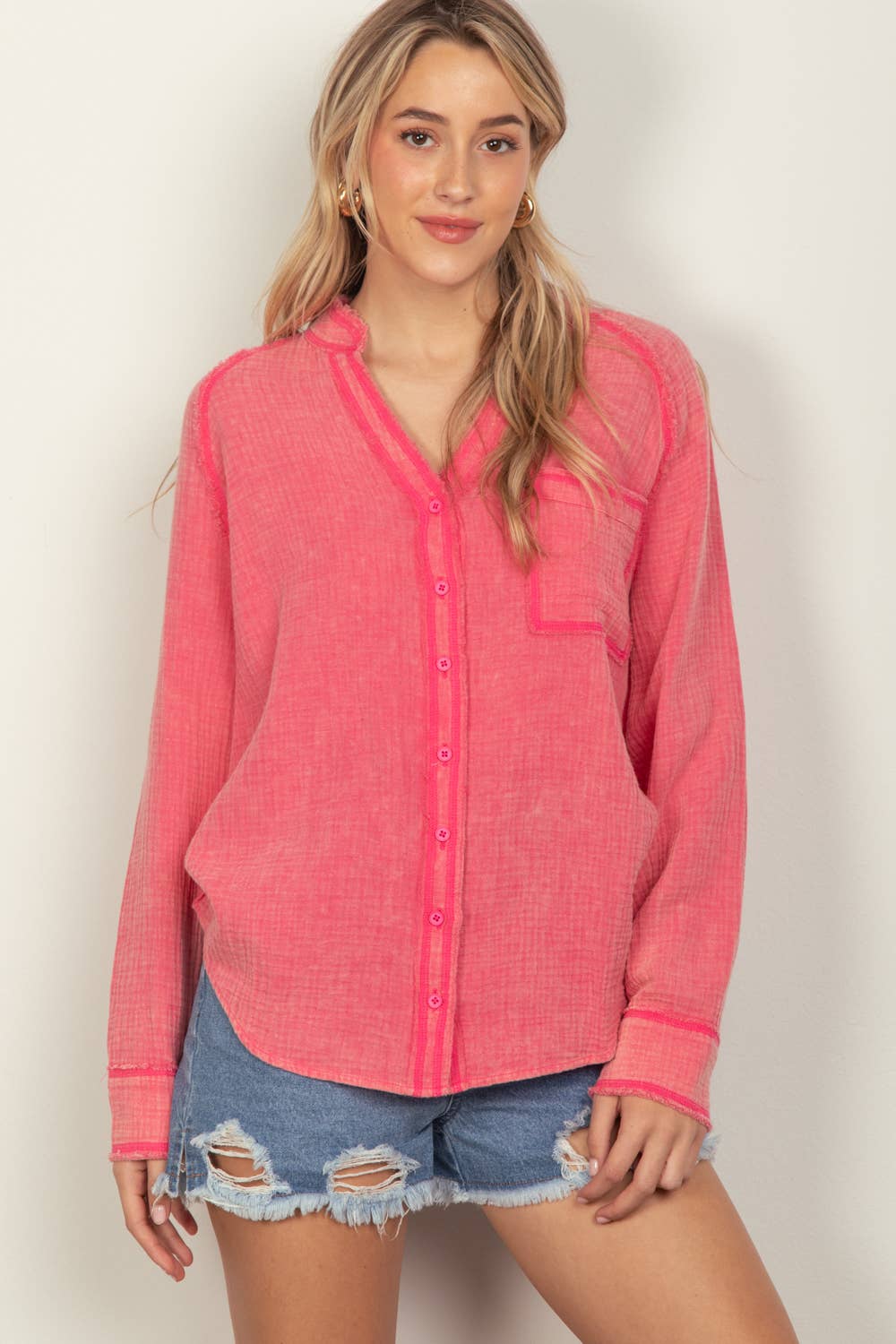 Diana Oversized Washed Woven Crinkled Gauze Shirt Top