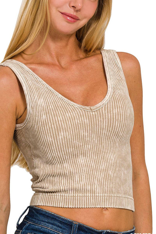 Blair Washed Ribbed Cropped Bra Padded V-neck Tank Top