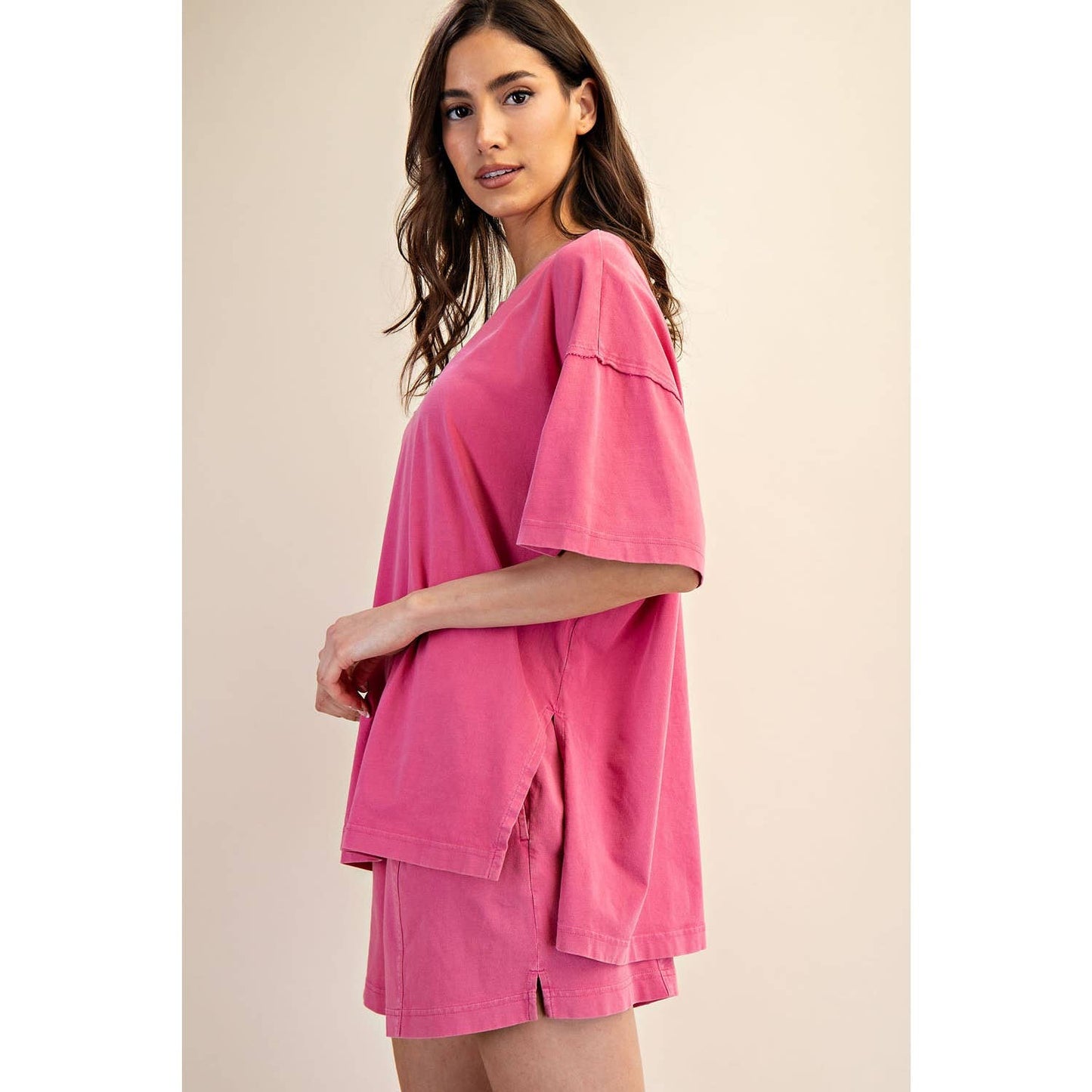 PRISCILLA MINERAL WASHED COTTON OVERSIZED SLIT TEE & SHORTS