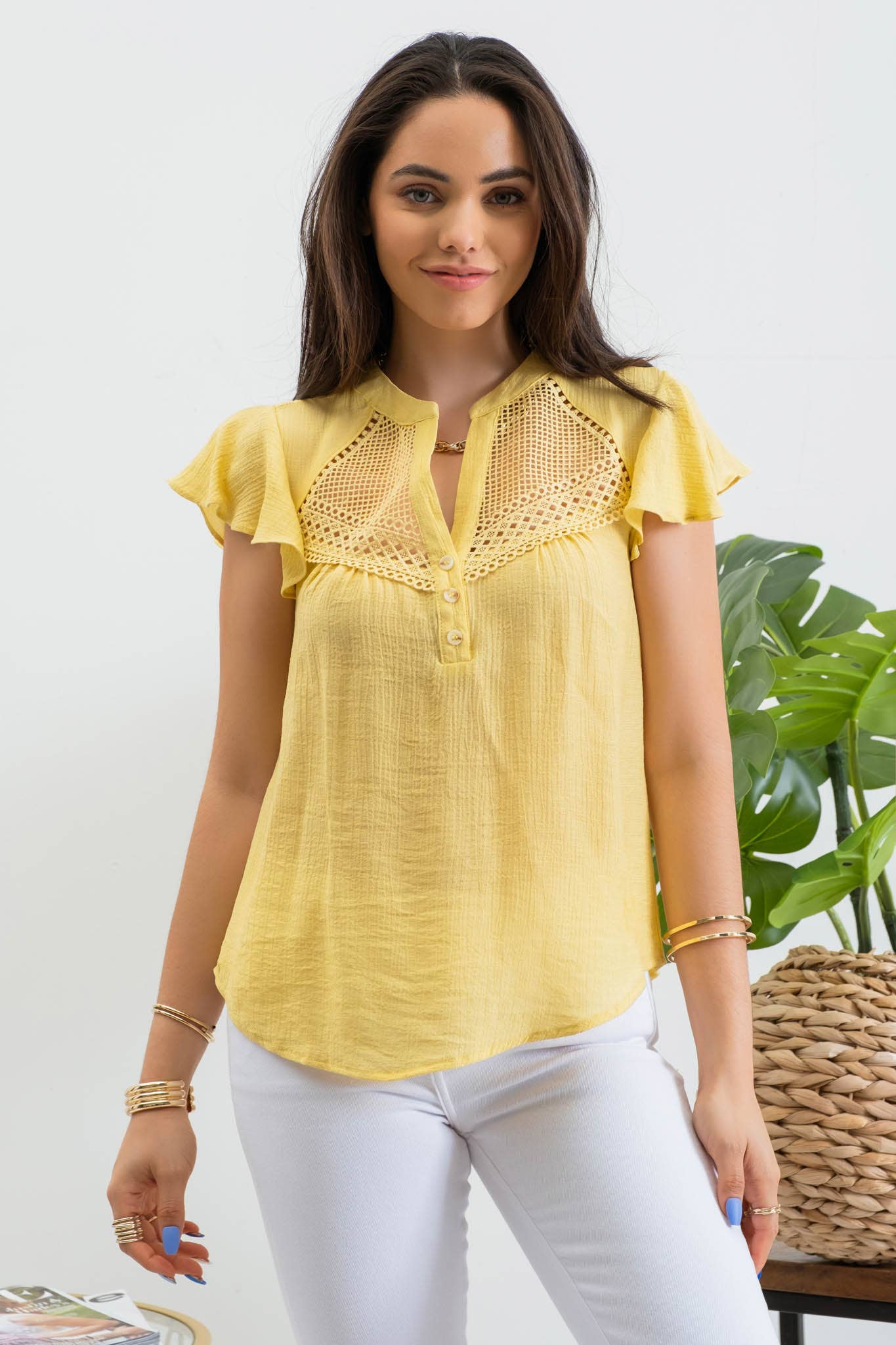 BROOKE LACE YOKE BUTTON DOWN SPLIT NECK BLOUSE