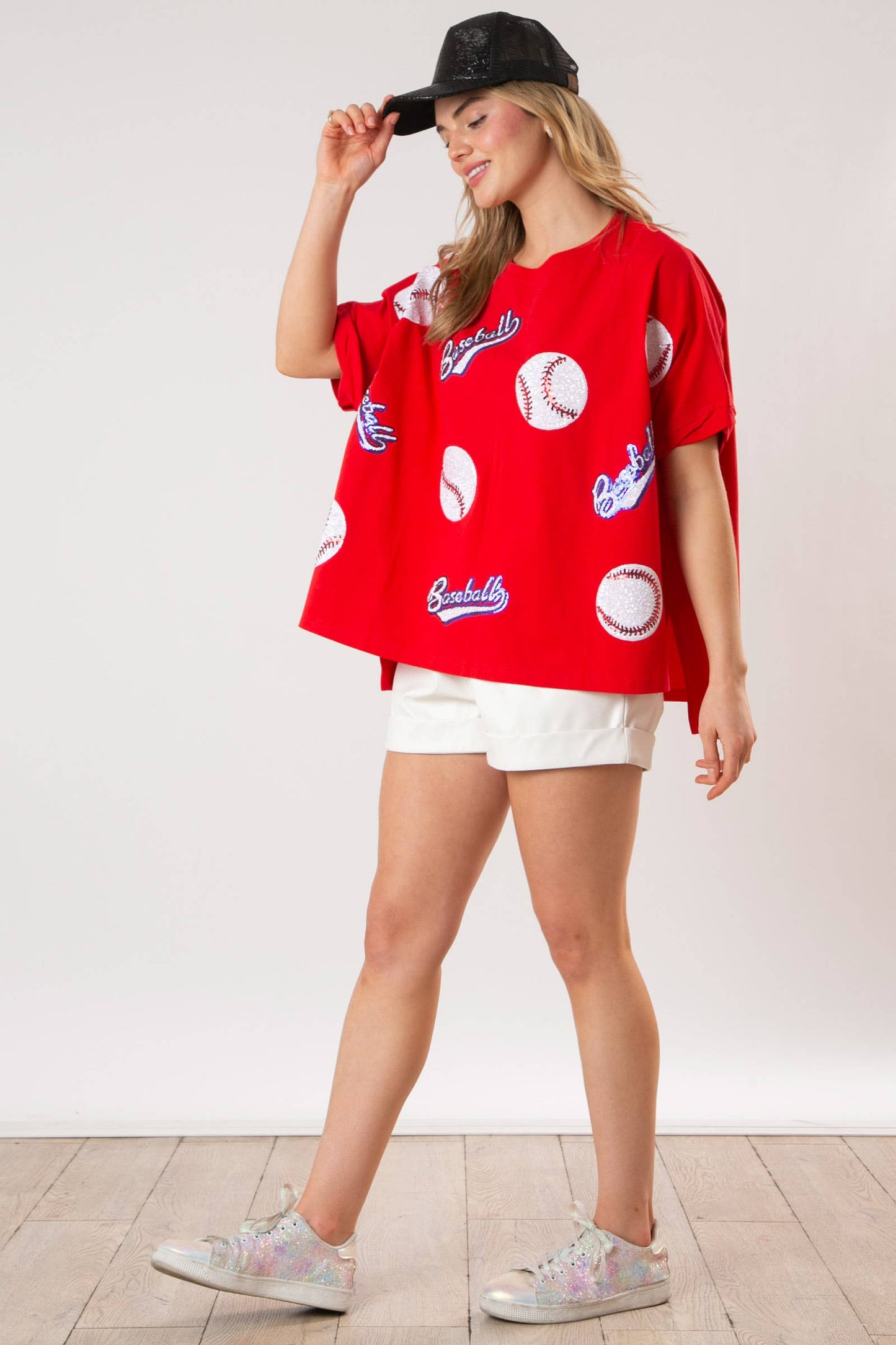 Baseball Sequins Short Sleeve Top