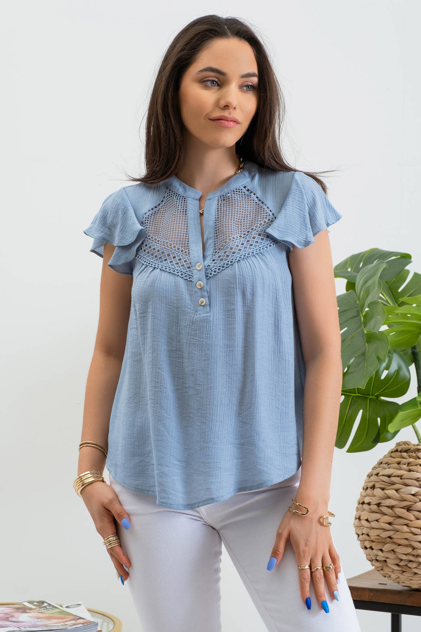 BROOKE LACE YOKE BUTTON DOWN SPLIT NECK BLOUSE