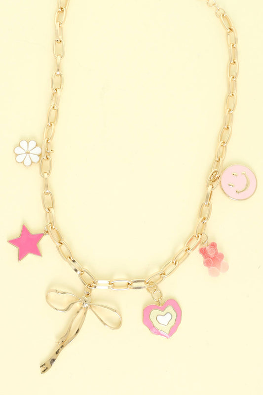 Pink Theme Enamel Multi-Charm Necklace