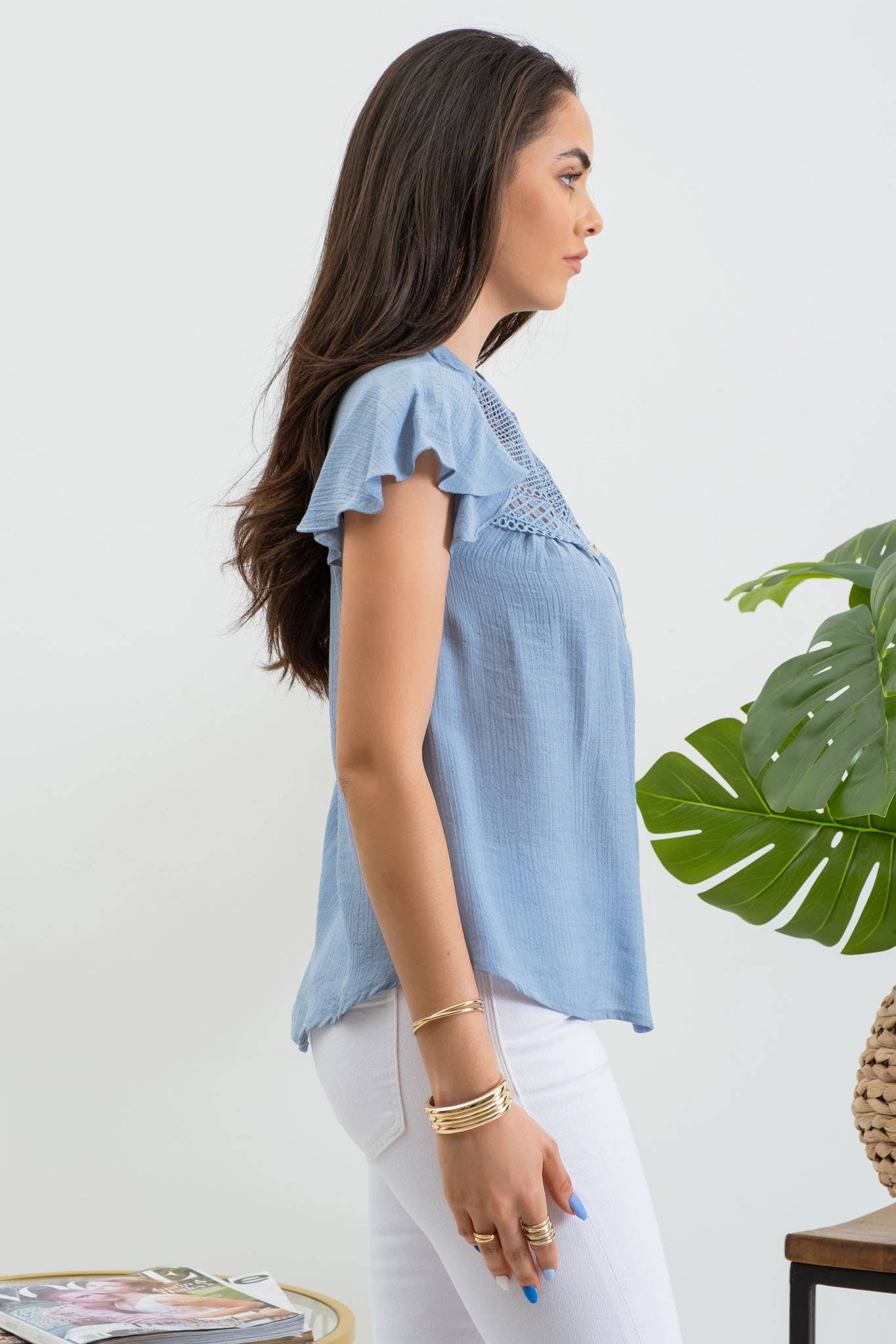 BROOKE LACE YOKE BUTTON DOWN SPLIT NECK BLOUSE