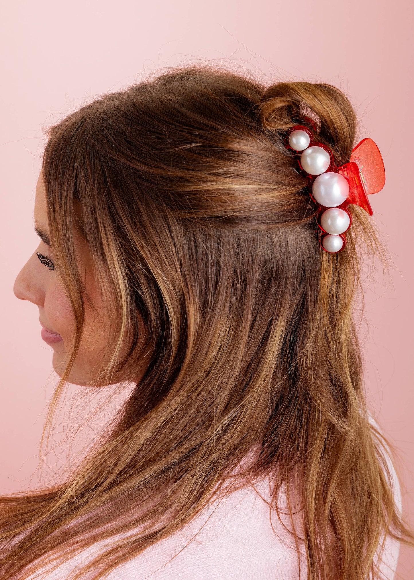 Claw Hair Clip - Large - Red w/ Glitter Sparkles + Pearls