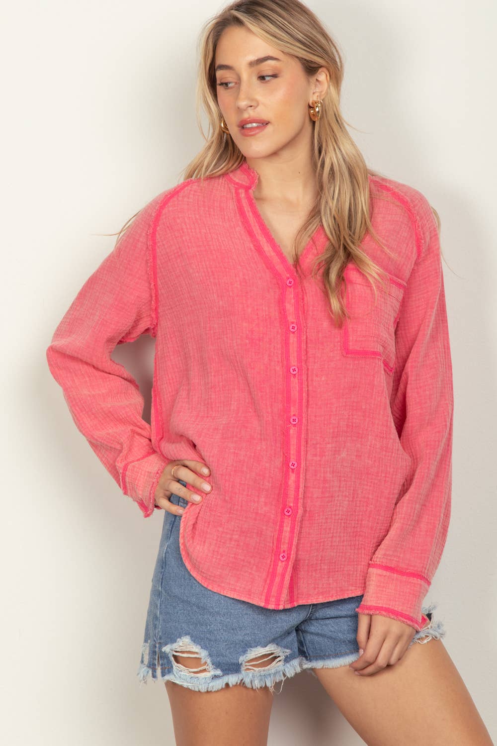 Diana Oversized Washed Woven Crinkled Gauze Shirt Top