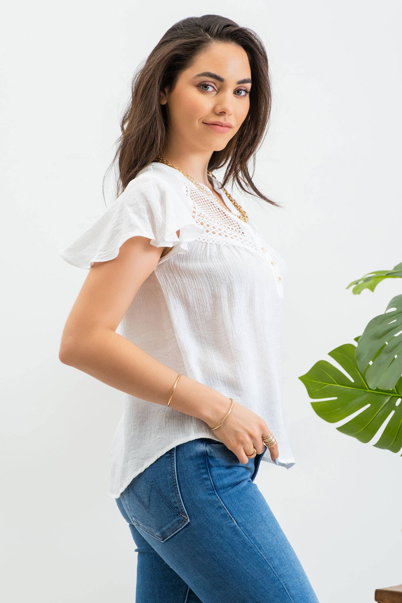 BROOKE LACE YOKE BUTTON DOWN SPLIT NECK BLOUSE