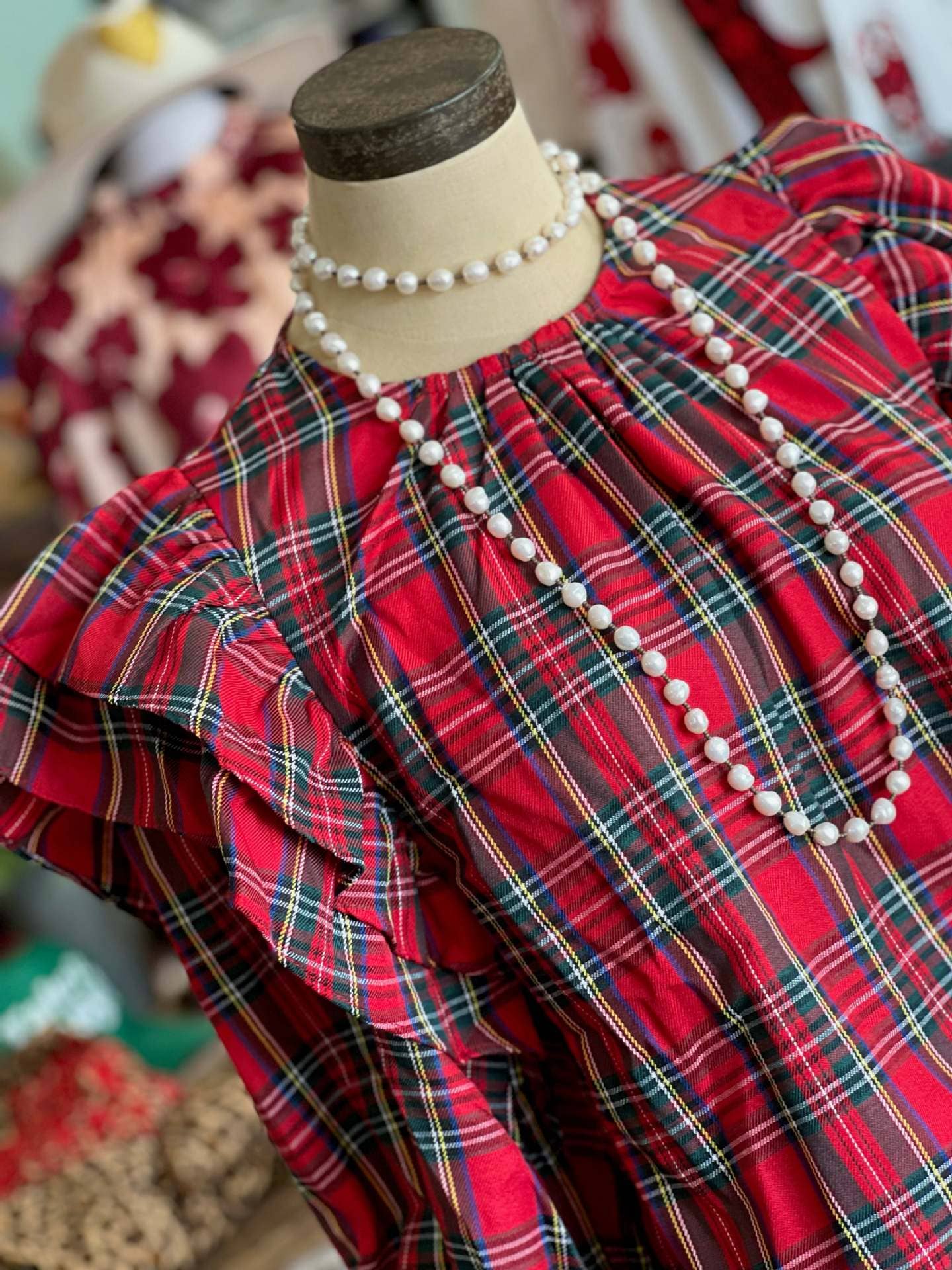 Elegant - red & green plaid ruffle Balloon Sleeve blouse