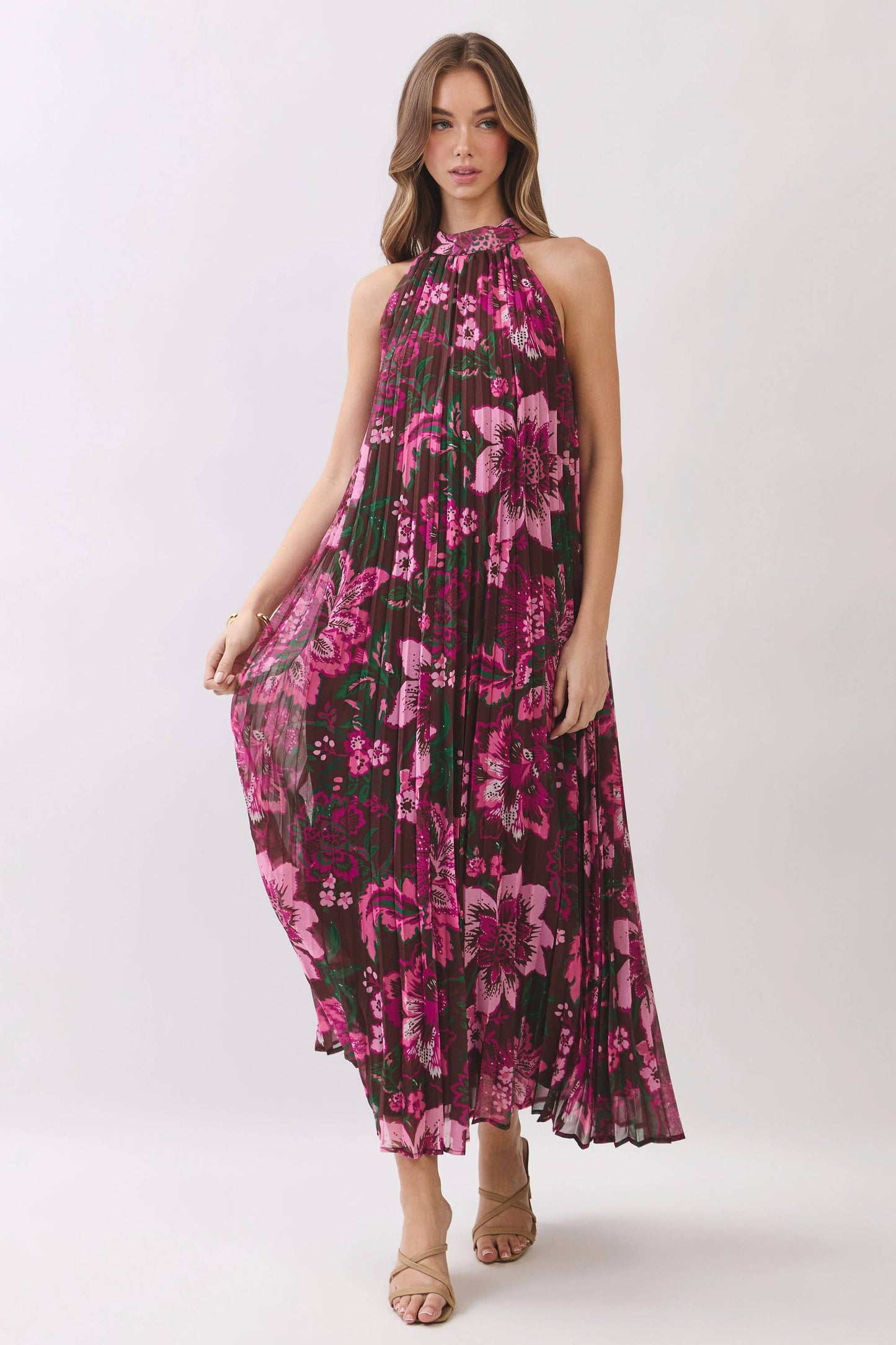 Everleigh Floral Print Pleated Halter Maxi Dress