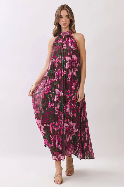 Everleigh Floral Print Pleated Halter Maxi Dress