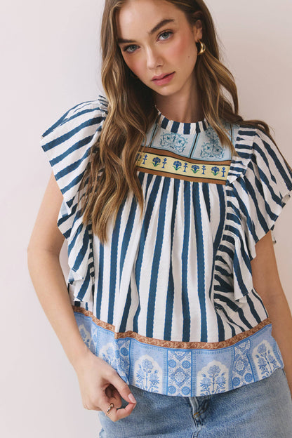 Border Striped Print Ruffled Detail Cap Sleeve Top 🥚