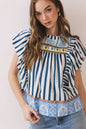 Border Striped Print Ruffled Detail Cap Sleeve Top 🥚