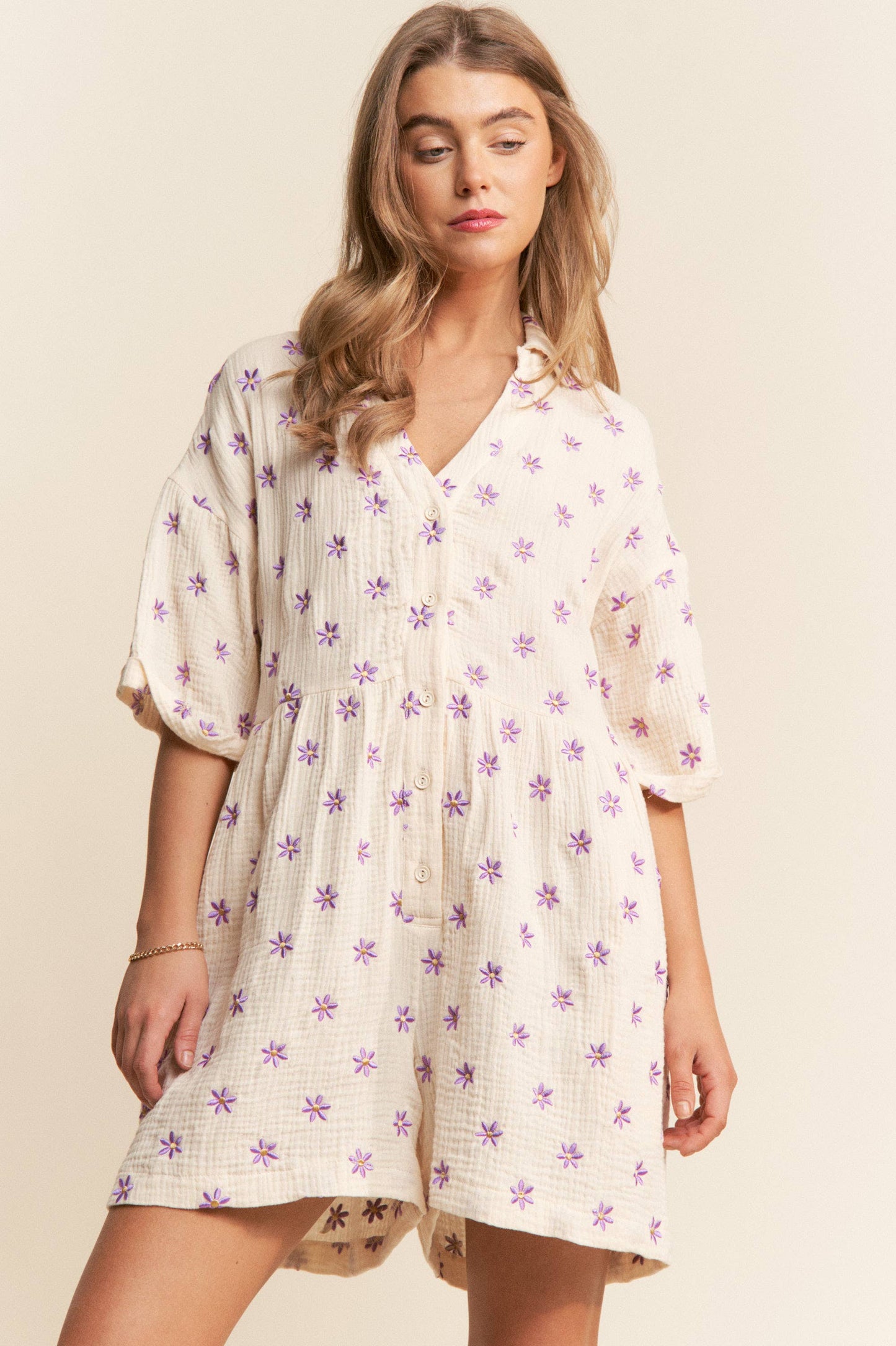 Ava  Flower Embroidered V Neck Romper