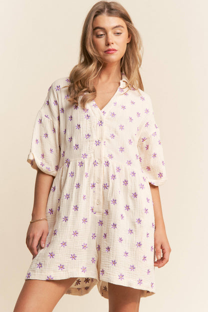 Ava  Flower Embroidered V Neck Romper