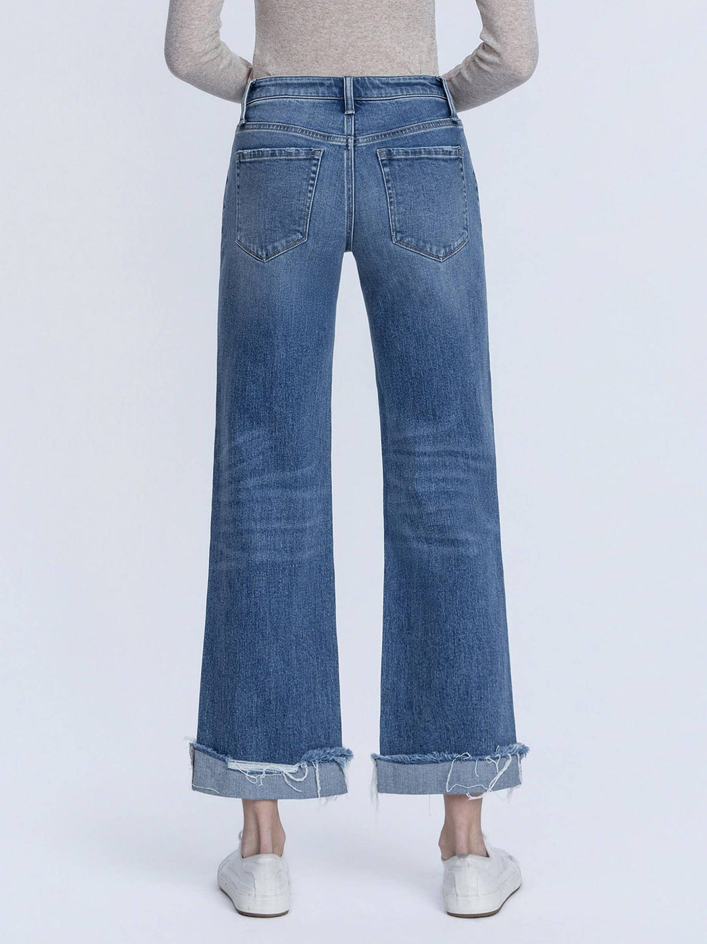 MID RISE MEDIUM DARK WASH CUFFED SLIM WIDE JEANS