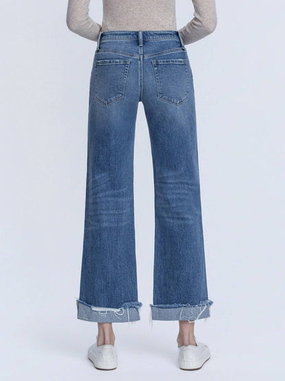 MID RISE MEDIUM DARK WASH CUFFED SLIM WIDE JEANS