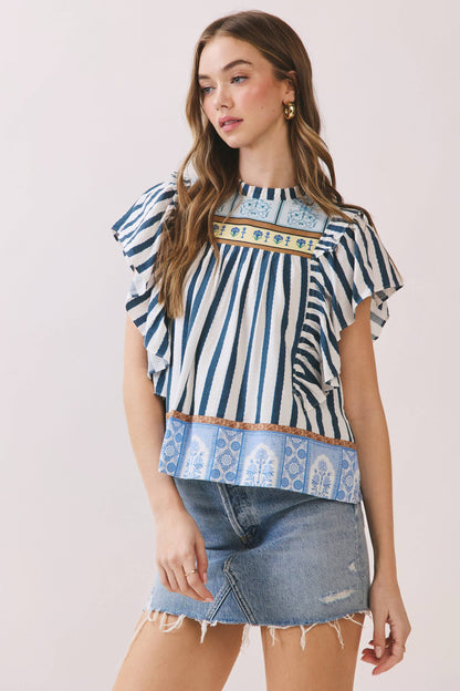 Border Striped Print Ruffled Detail Cap Sleeve Top 🥚