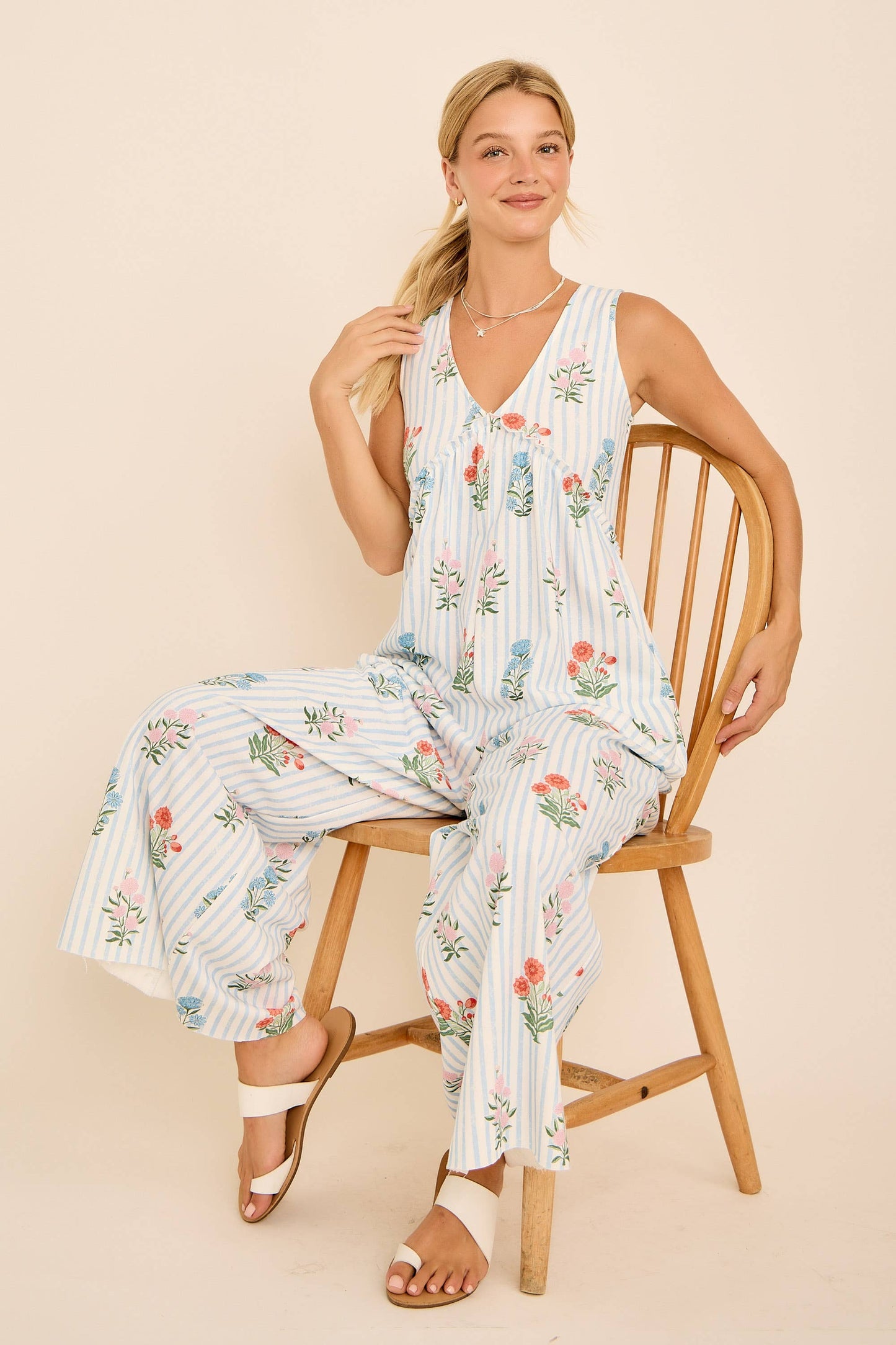 Maggie Floral Stripe V-Neck Backless Jumpsuit