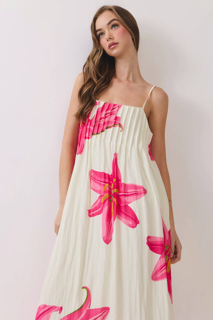 Sun Rise Floral Pleated Maxi Dress with Adjustable Straps