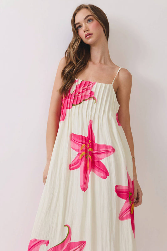 Sun Rise Floral Pleated Maxi Dress with Adjustable Straps