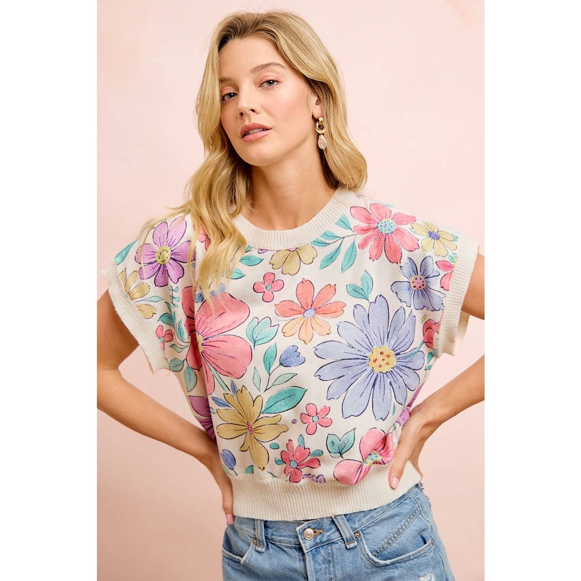 FLOWER ARTWORK PRINTED COZY KNIT TOP