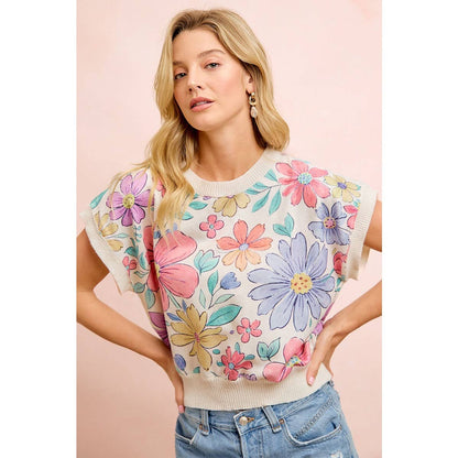 FLOWER ARTWORK PRINTED COZY KNIT TOP