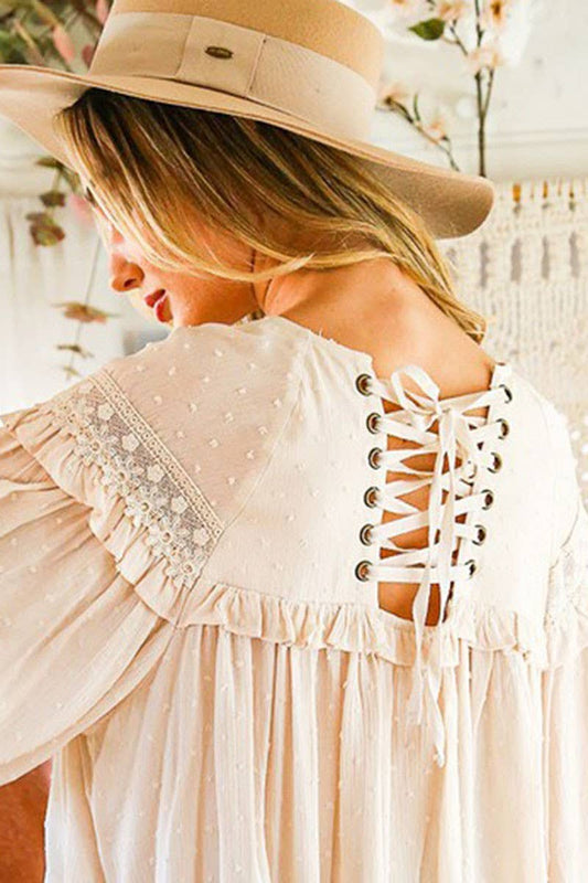 Remi Lace-Up Back Detail Swiss Dot Patterned Blouse