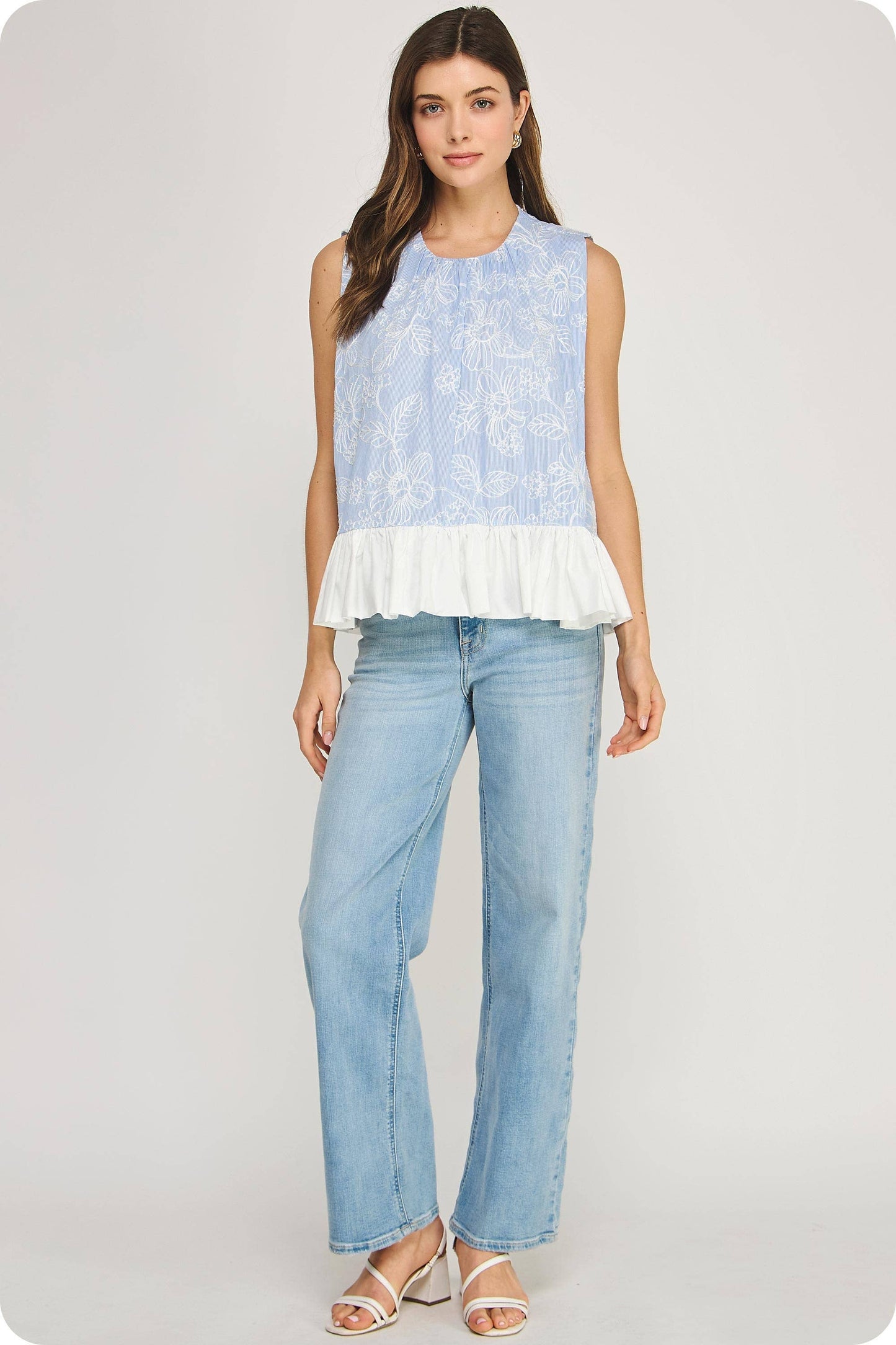 Floral Embroidery Stripe Contrast Ruffle Hem Top