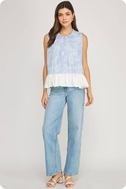 Floral Embroidery Stripe Contrast Ruffle Hem Top