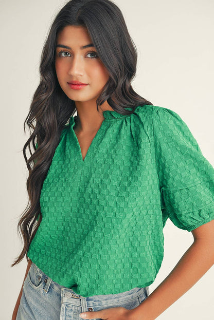 Bridget  Textured Puff Short Sleeve Notched V Neck Top