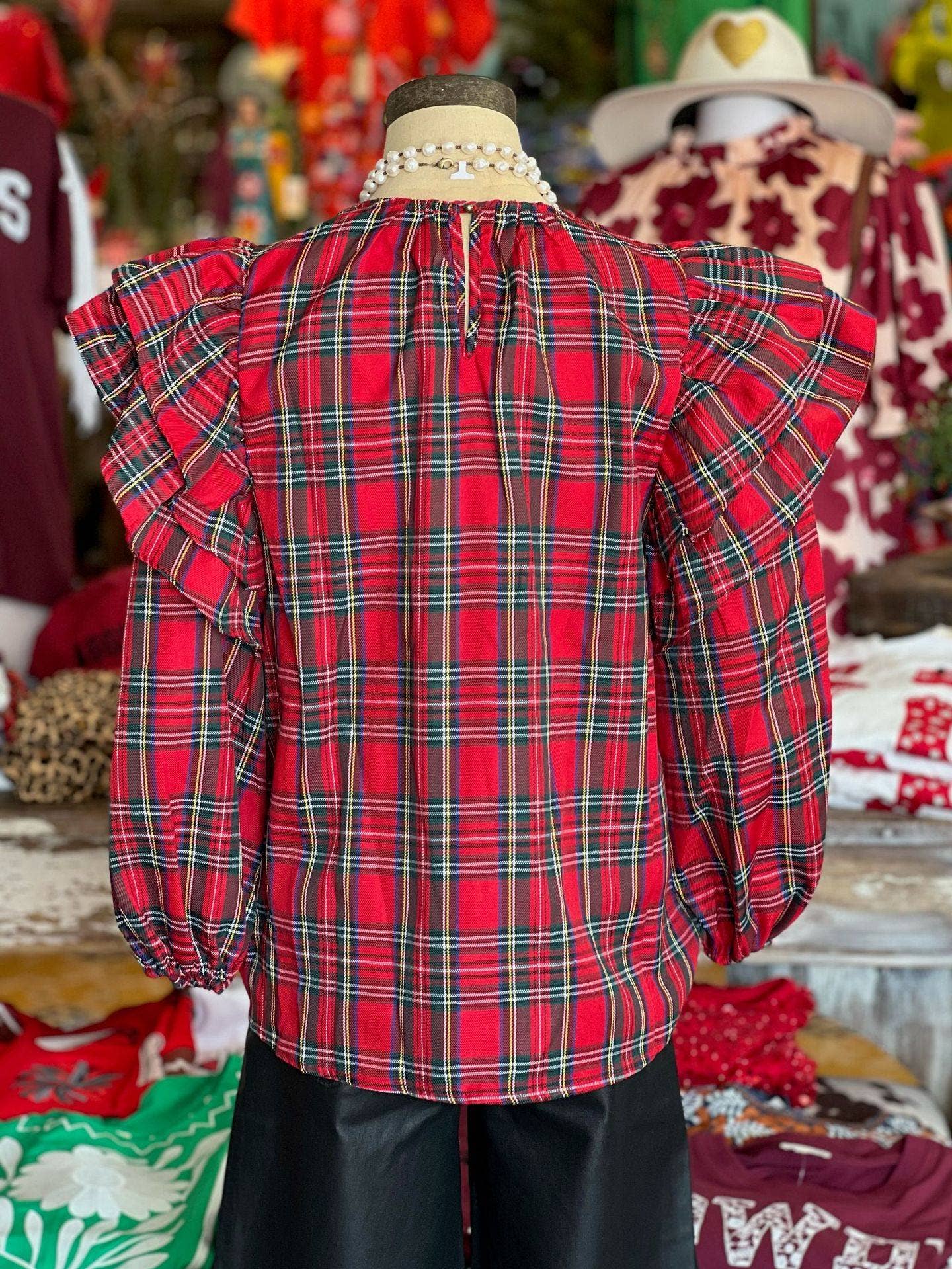 Elegant - red & green plaid ruffle Balloon Sleeve blouse