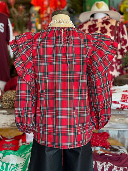 Elegant - red & green plaid ruffle Balloon Sleeve blouse