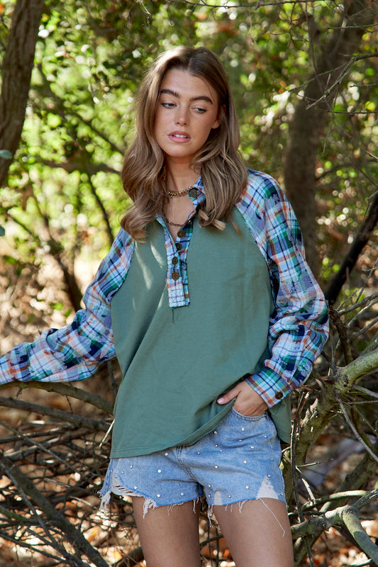 Serena Plaid Contrast Button Down Henley Top