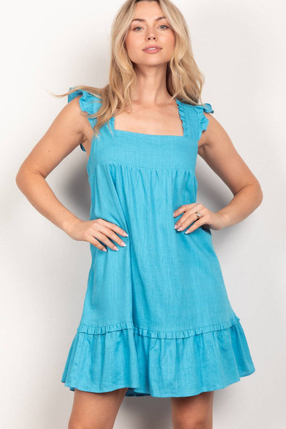 Madison Ruffled Solid Linen Backless Mini Dress