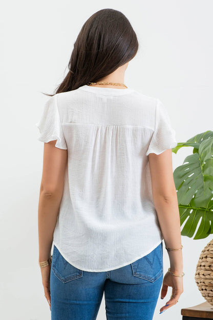 BROOKE LACE YOKE BUTTON DOWN SPLIT NECK BLOUSE