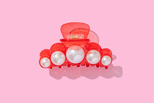 Claw Hair Clip - Large - Red w/ Glitter Sparkles + Pearls