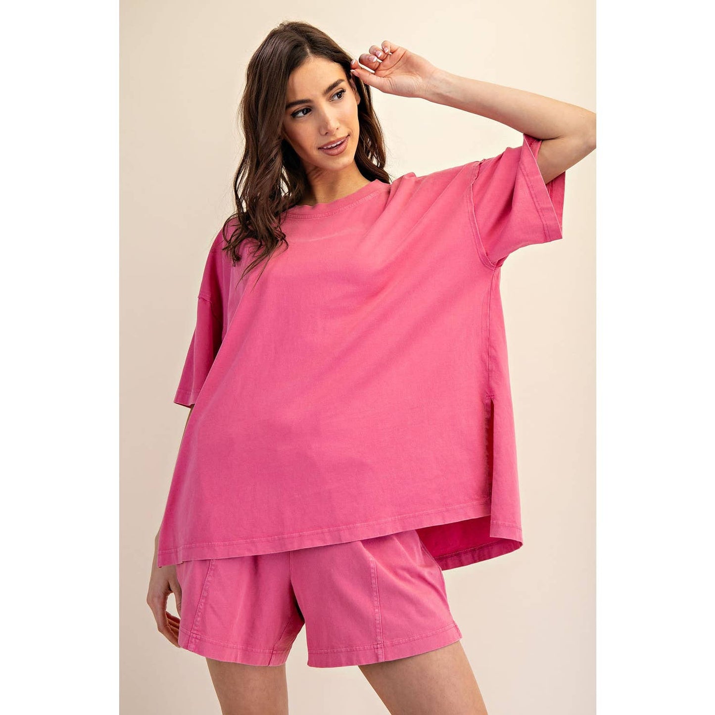 PRISCILLA  MINERAL WASHED COTTON OVERSIZED SLIT TEE & SHORTS