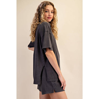 PRISCILLA  MINERAL WASHED COTTON OVERSIZED SLIT TEE & SHORTS
