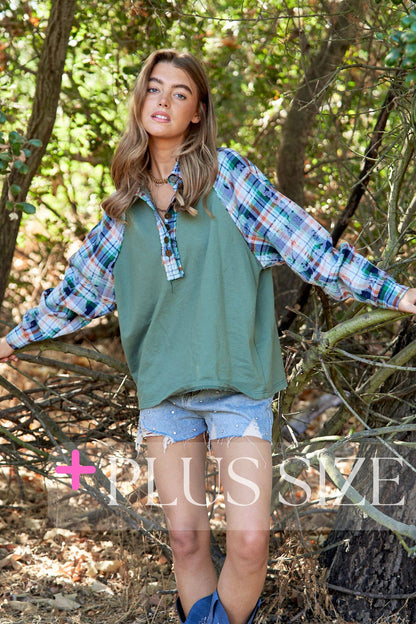 Serena Plaid Contrast Button Down Henley Top