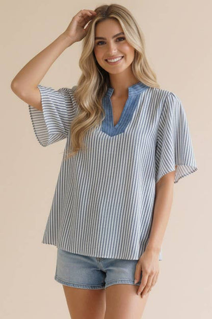 Plus- Stitched Neck Band Flutter Sleeve Stripe Top