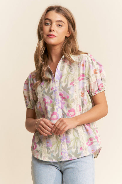 Tosha Floral Print Button Up Puff Short Sleeve Blouse