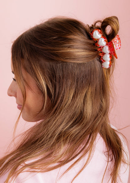 Claw Hair Clip - Large - Red Confetti w/ Pearl Heart Beads