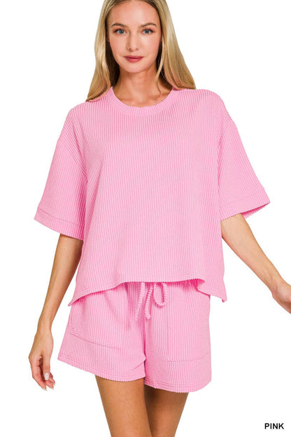 Corded Rib Half Sleeve Tee & Short Pants 2PC Set
