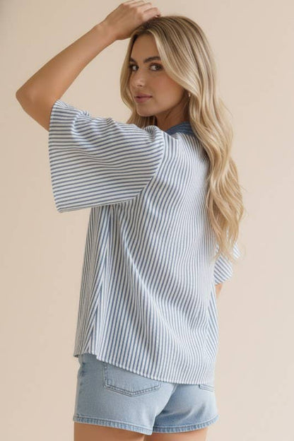 Plus- Stitched Neck Band Flutter Sleeve Stripe Top