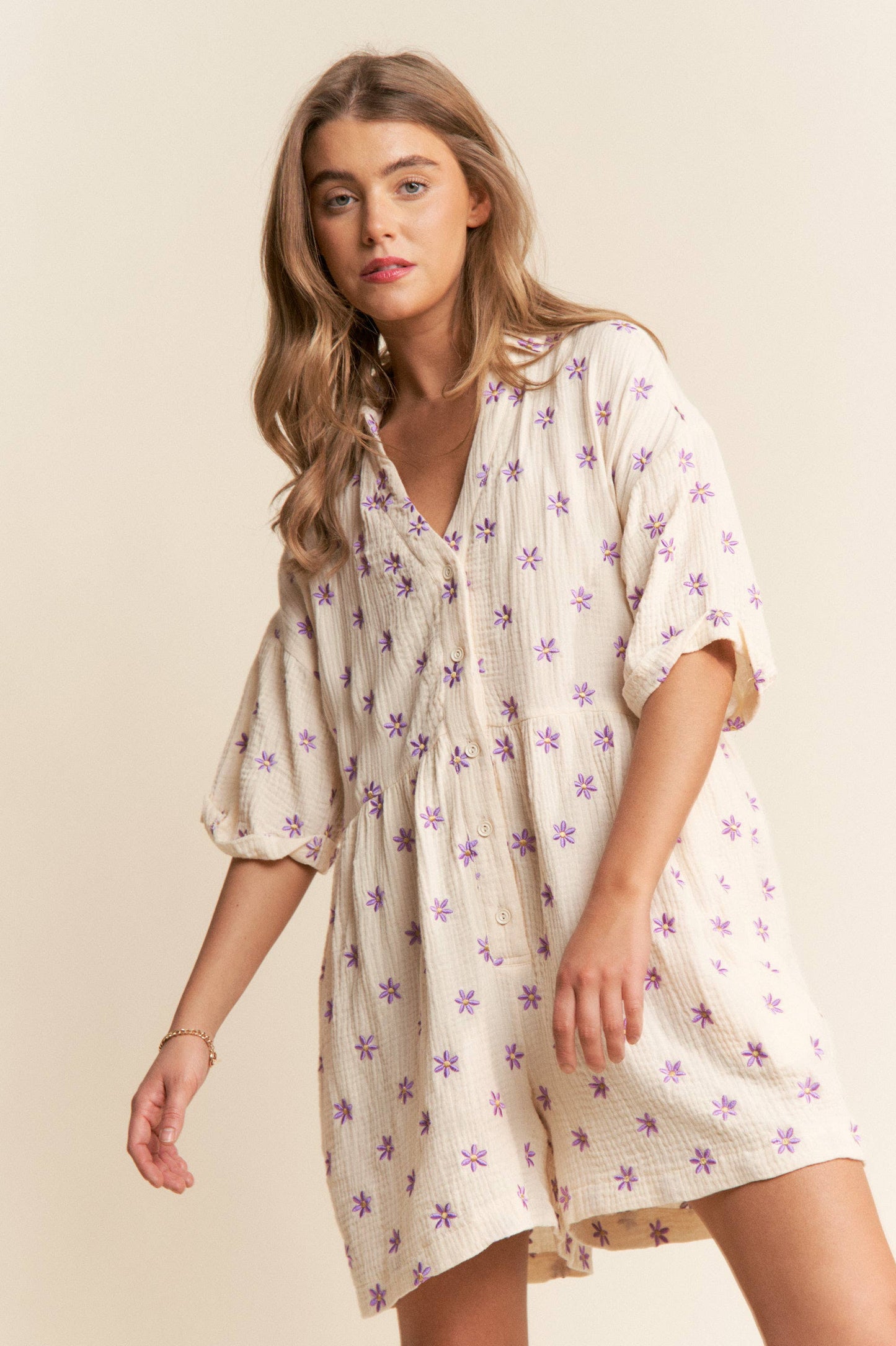 Ava  Flower Embroidered V Neck Romper