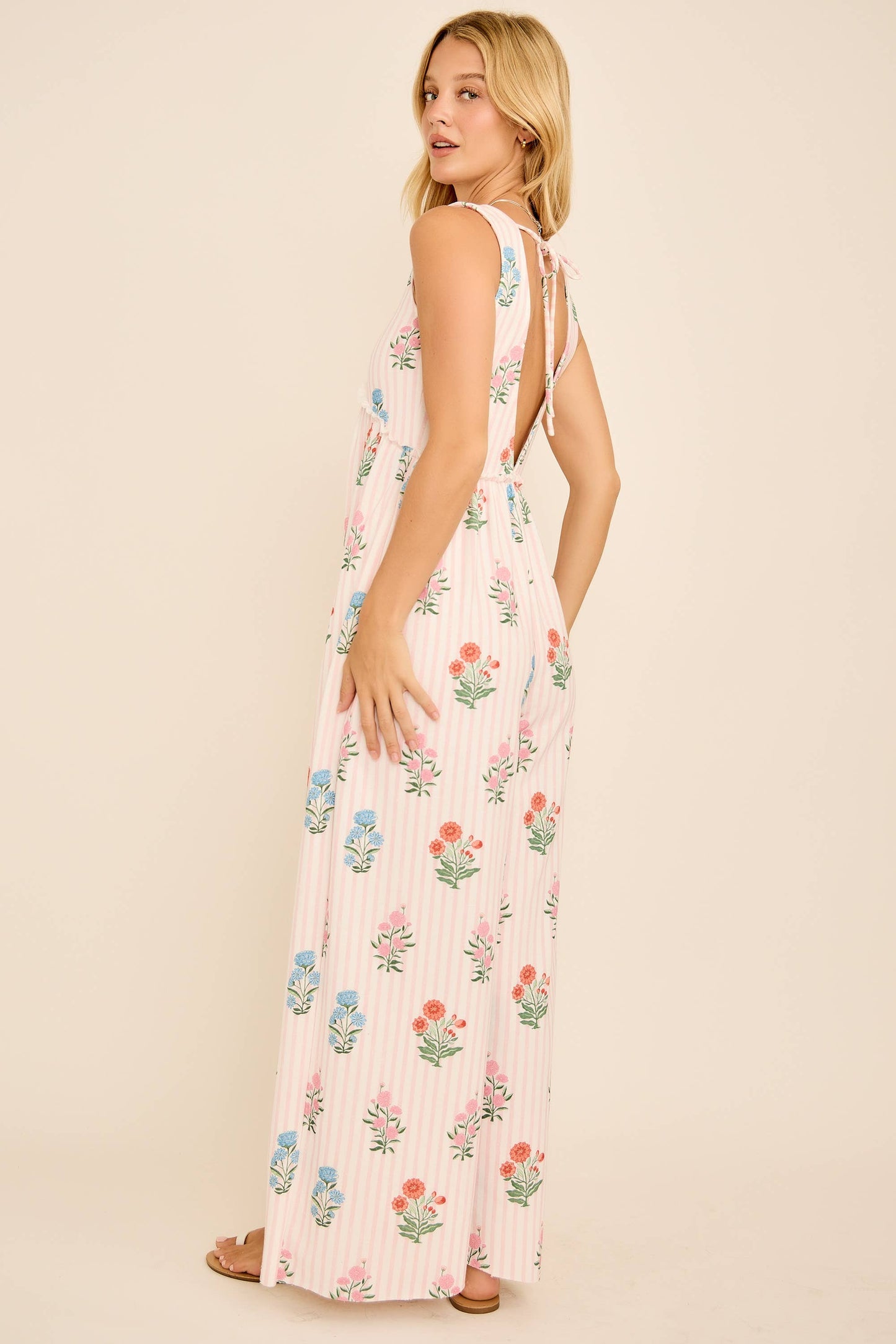 Maggie Floral Stripe V-Neck Backless Jumpsuit