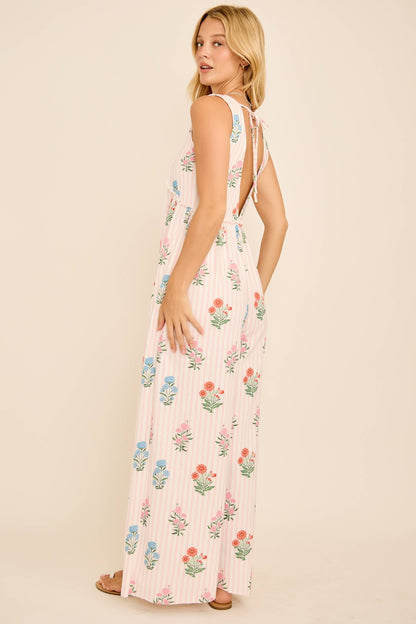 Maggie Floral Stripe V-Neck Backless Jumpsuit