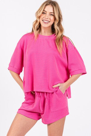 GRACIE RIBBED ROUND NECK TOP AND SHORTS SET