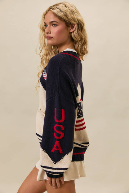 LONG SLEEVE "USA FLAG" SWEATER JACKET