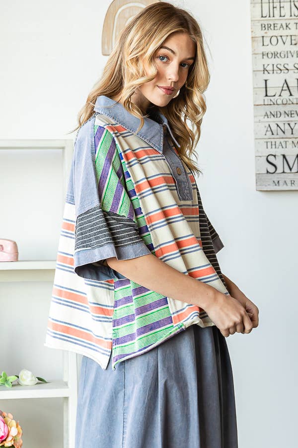 STELLA WASHED STRIPE MIX SHORT SLEEVE TOP